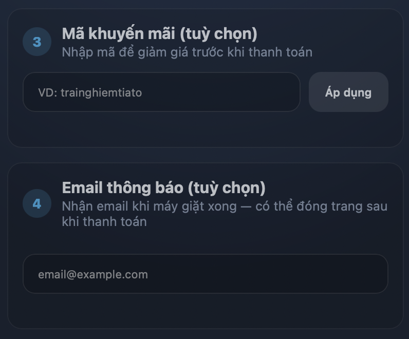 Tính năng nhập mã khuyến mãi và báo giặt/sấy xong